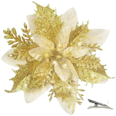 MIKAILE 20 Pièces Fleur de Noël pour Sapin avec Clip, Fleurs de Noel Artificielles Glitter, Fleur Poinsettia Noel de Scintillantes pour Guirlande, Couronne, Sapin Noël Décoration (Or)