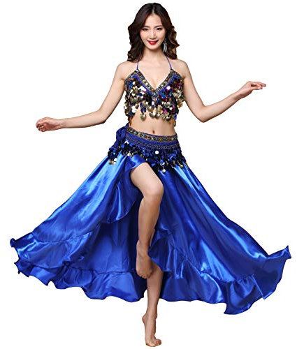 Bauchtanz Satin Rock Split Side Lange Röcke Glänzender Tanz Rock Festival Performance Kleidung (Dunkelblau, One Size)
