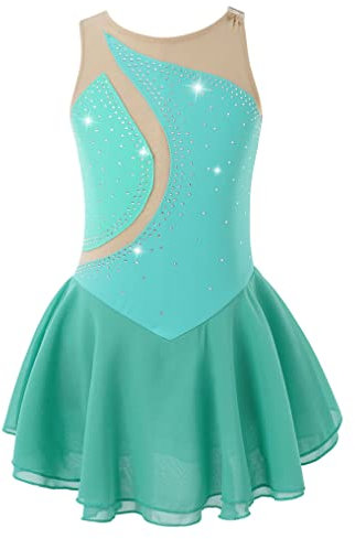 Yeahdor Mädchen Eiskunstlauf Kleid Kurz Ärmellos Tanzkleid mit Strass Glitzer Ballettkleid Turnanzug Wettbewerb Auftritt Ballettkleidung Aa Grün O 134-140