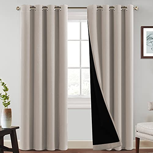 PrinceDeco 100% Blackout Curtains 96 inches Long Completely Blackout Window Treatment Thermal Insulated Lined Drapes with Black Liner for Bedroom/Living Room (1 Pair, 52x96 in, Light Taupe)