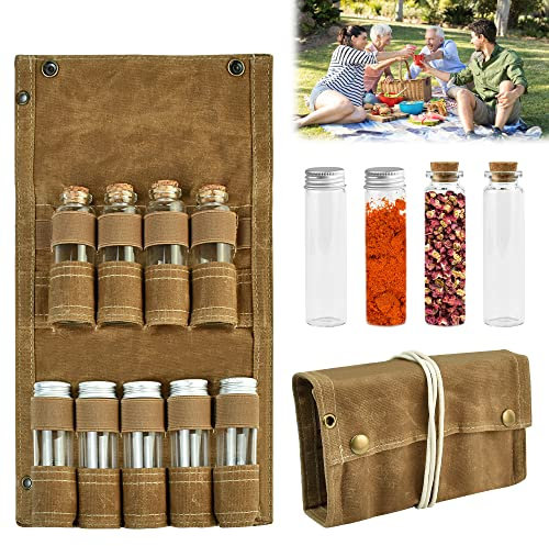 QINERSAW Borsa Porta Spezie Portatile con 9 Barattoli Circa 70ML Portaspezie Portatile con Barattoli di Spezie Set di Contenitori per Spezie per Picnic, Campeggio, Barbecue (20 * 11.5CM)