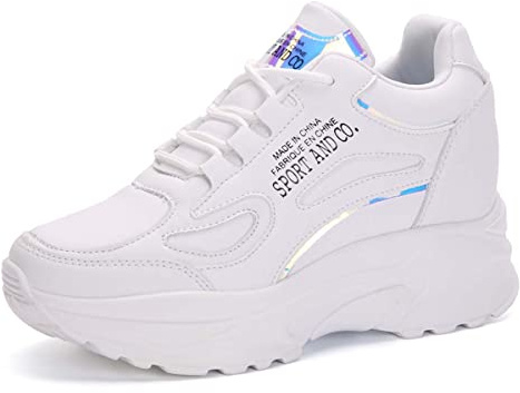 MIXSEN Baskets Compensées à Talons Hauts Femme Chaussure de Sport Marche Fitness Sneakers Basses Compensées 8 CM(Blanc-A,38)