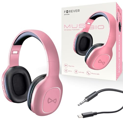 FOREVER BTH-505 - Cuffie Bluetooth Over-ear in rosa, pieghevoli, con super bassi, lunga durata fino a 8 ore per telefoni cellulari/TV/Viaggi/Corsi online/Home Office