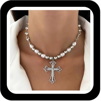 Wendalern Zirkonia Kreuz Halskette Vintage Barock Perlenkette Silber Cz Kreuz Anhänger Glänzend Diamantkette Glaube Kreuz Choker Y2k Schmuck für Frauen und Mädchen