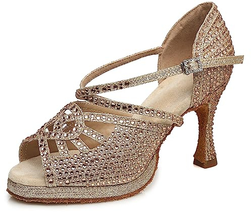 RUYBOZRY Scarpe da Ballo Donna Latino Americano da Sala con Plateau con Brillantini Sandali da Ballo Salsa e Bachata,YC-L458-Suola in Scamosciata-8.5-5059,Champagne,EU 37