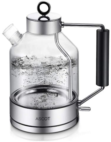 ASCOT Electric Tea Kettle - 1.5L Glass, Stainless Steel, BPA-Free, Cordless, Automatic Shutoff, Boil-Dry Protection (Silver)