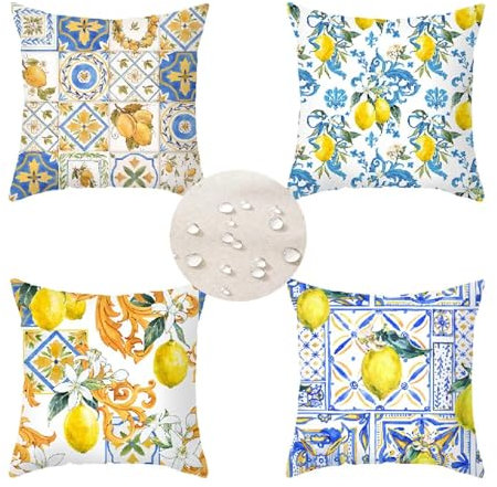 Kissenbezug 55x55 cm Sommer 4er Set Outdoor Kissen Wetterfest Sofakissen Leinen Deko Kissen Quadratische Kissenbezüge Zitrone Zierkissen, Lounge Kissen Outdoor für Garten Balkon Terrasse S 431