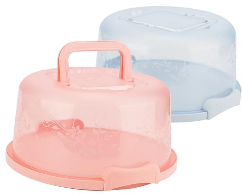 JIEHIN Set di 2 Porta Torta con Coperchio, scatola per trasporto di torte rotonde, con Vassoio da Portata Integrato e 2 Chiusure, in plastica, 26 cm, blu e rosa