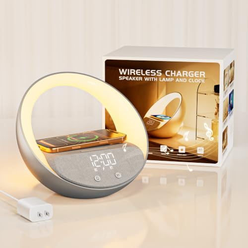 FUNFOR Bluetooth-Wecker, Sonnenaufgangs-Simulation, Wake-Up-Nachtlicht, 15 W, schnelles kabelloses Laden, Wecker für Schlafzimmer, 10 W Bluetooth-Stereo-Sound-Lautsprecher, USB-Ladeanschluss