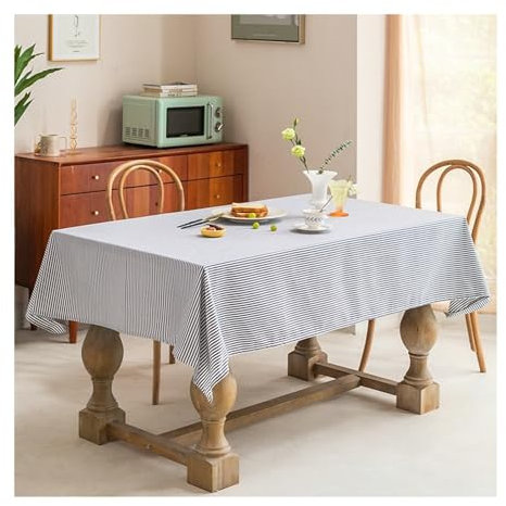 Epinki 135x135CM Tischdecke, Tischtücher Streifen Baumwolle Leinen, Biertisch Tischdecke Tischschutz Geeignet für Home Küche Dekoration, Verschiedene Größen, Marineblau