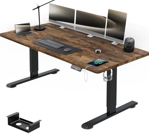 Airfish Höhenverstellbarer Schreibtisch mit USB-Buchse, Elektrisch Schreibtisch mit Kabelwanne, Computertisch, Bürotisch, Stehpult mit Erinnerung an sitzende Tätigkeiten, 160 x 80 cm, Vintage-Braun