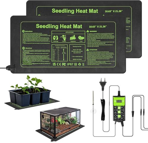 Jopassy 2 Stück Heizmatte Pflanzen mit Thermostat, Wärmematte IP67 Wasserdicht, 55W Heizkissen mit Temperatur-Regulierung, Zimmergewächshaus Wärmematte für Sämling Germination,Reptil(55x27cm)