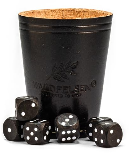 WALDFELSEN® Echtleder Würfelbecher (9 cm) mit 6 Holzwürfeln (16 mm) aus Buchenholz Lederbecher Würfelset Augenwürfel Spielwürfel (Farbe: Schwarz)