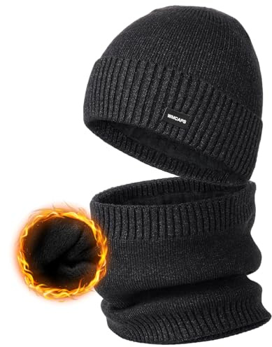 Wmcaps Thermo Wintermütze und Schal Set für Herren, weiches Plüsch-Futter | Weiches Innenfutter. Warmes Kälte-Set (Beanie & Loop). Kuschelig, mit Umschlag. Ideal für Outdoor, Sport, Arbeit & Geschenk.