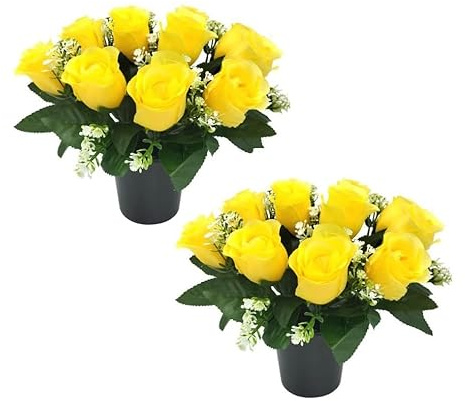 Mr. Barry's Pack Of 2 Grave Flower Pots | 12 Yellow Roses | 25cm Grave Flower Pots | Artificial Flowers For Graves | Cemetery & Floral Decorations | For Home & Garden | Improved Quality & Colour