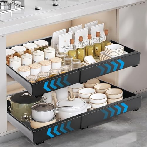 Farerkass Tiroir Coulissant Cuisine Adhesif, Rangement Coulissant Placard Cuisine Noir, Tiroir Télescopique Extensible Largeur Ajustable 32-52cm, Sans perçage ni Clouage Requis (1 Pièces)