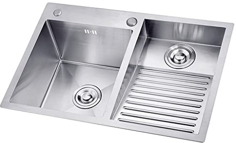 Doppelwaschbecken aus 304er Edelstahl, mit Ablauf-Kits, 22 cm tief, Mehrzweckspüle für Waschraum, Balkon, Geschäft, integriertes Waschbrett, Größe 120 cm, rechts