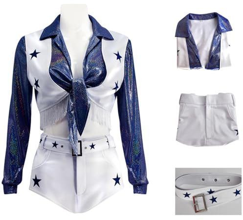 Windskids Cowboys Cheerleader Kostüm Damen Cosplay Star Football High School Weiß Sexy Cowboys Cheerleading Uniform Anzug 3 Stück für Halloween Karneval Party Maskerade Performance Verkleidung