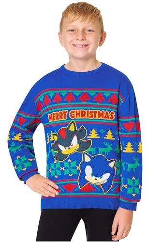 Get Trend Sonic The Hedgehog Jersey Navideño Niño, 4-10 Años, Sueter de Navidad con Diseño de Sonic y Shadow, Ropa Infantil, Regalo Gamer (7-8 Años, Azul)
