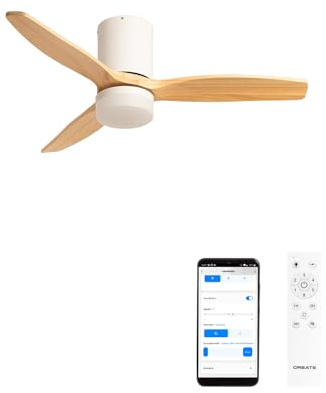 CREATE / WINDCALM S/Deckenventilator ABS mit Beleuchtung Weiß Hellesholzflügel mit WLAN und Fernbedienung / 40W, leise, Ø112 cm, 6 Geschwindigkeiten, 3 LED-Temperaturen, Sommer-Winterbetrieb