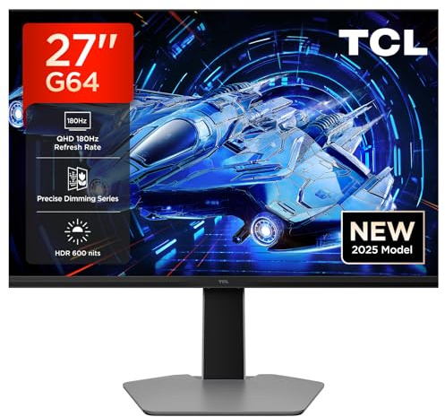 TCL Moniteur QD-Mini-LED 27G64 27, résolution QHD, 180 Hz, Panneau HVA Rapide, HDR 600 nits, Temps de réponse GTG de 1 ms, Compatible AMD Freesync, G-Sync