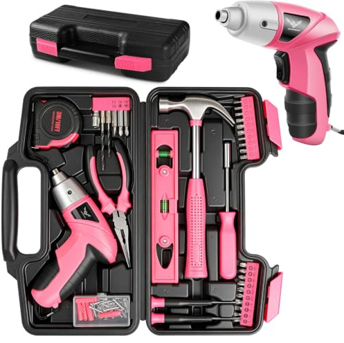 JENABOM Pink Household Tool Set with 3.6V USB Electric Screwdriver, 112 PCS Home Tool Kit with Cordless Power Driver, Hand Tool Kits for Women