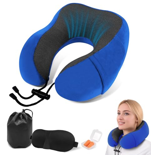ARTREE Almohada de Viaje para Cuello Ajustable - Cojín Cervical con Sistema de Cinta Reguladora, Espuma Memoria Portátil para Avión/Coche, Incluye Funda + Bolsa