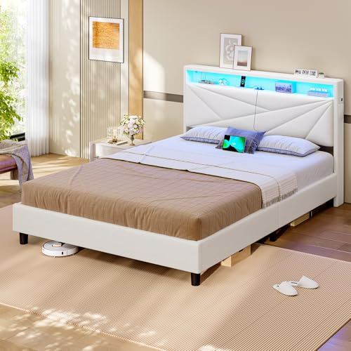 KIMENICH Double Bed Frame, Upholstered Bed 135 x 190 cm with LED Lighting, Upholstered Headboard with Sockets, Wood Slat Support, Easy Assembly, PU White