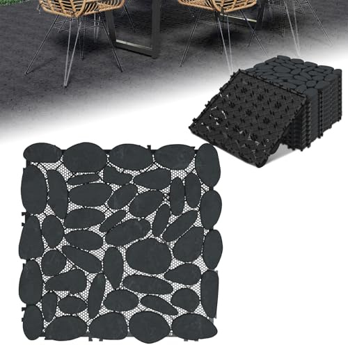 ACXIN Naturstein Kieselstein Bodenfliesen 30x30 cm – 11 Stück ≈ 1m² – glatt poliert – wetterfest & rutschhemmend – ideal für Balkon, Terrasse, Garten, Outdoor (Schwarz)