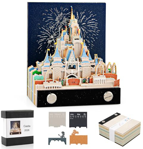 2026 Calendrier 3D à Effeuiller, Calendrier de Bureau 3D avec LED, Château Magique Bloc-Notes D'art À Déchirer, 3D Papier Sculpture Memo Pad, Déchirable Calendrie Cadeau Créatif et Décoration DIY