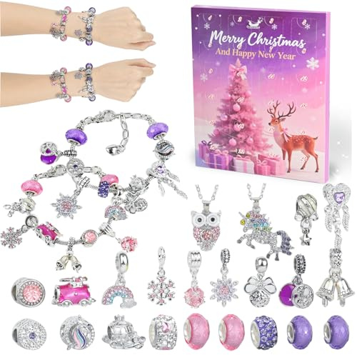 HERMORRYSS Calendario de Adviento 2025 Niñas, DIY Calendario Adviento Chica con Pulsera y Collar, Calendario de Cuenta Atrás de 24 Días, Conjunto de Joyas Niña, Regalos para Niñas de 3 Años (A)