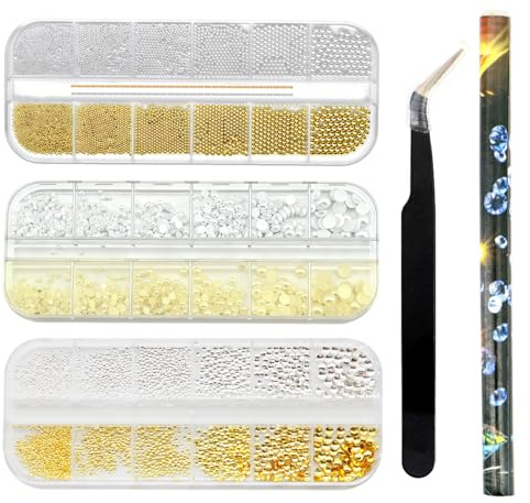 Scettar 3er Set Nailart Perlen,Strasssteine Nägel und Metallkugeln Gold Silber mit 12 Gitter Glitzersteine und Halbperlen 0,6–5mm,Rhinestones Nageldeko Set für 3D Nageldesign und Nagel Steine DIY