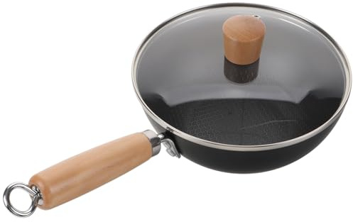 POPETPOP Wok Japonerie En Fer 20 Cm Couvercle Poêle Wok Traditionnelle Fond Rond Compatible Cuisinière à Gaz La Cuisine Maison Polyvalent