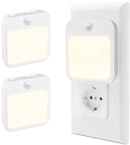 Livatro Nachtlicht mit Bewegungsmelder für die Steckdose, 2er Set, dimmbar | Steckdosenlicht mit Bewegungsmelder, Lichtsensor, ON/OFF/AUTO, 3000 K warmweiß, stufenlos dimmbar, Memory, 3–5 m, 120°, 45 s.