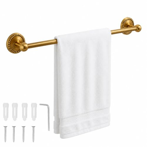 WAHEWUD Toallero de Baño Barra para Toallas Cobre Macizo Acabado Dorado, Soporte de Pared Estilo Vintage Europeo Una Sola Barra para Organizador Ducha Lavabo Cocina 51cm (Bronce)