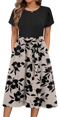 Zeagoo Womens Summer Dresses Short Sleeve Floral Casual Tunic Midi Dress | Crew Neck Dresses|Elegant Floral Dress|Swing Beach Dresses|Ladies Summer Dress|A Line Sundress|with Pockets S-2XL