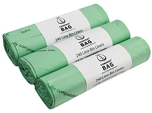 240 Litre x 15 bags Compost Bag Compostable Wheelie Bin Liner - Biodegradeable Sacks/Liners - EN 13432-240L Bags with Composting Guide