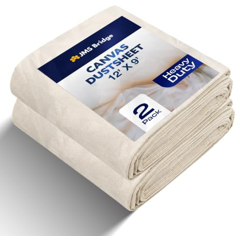2 x Heavy Duty Canvas Dust Sheets 12ft x 9ft – Extra Strong Drop Cloth for Painting & Decorating – Washable & Reusable Paint Cover Sheets for Furniture, Floors, Stairs & Home Renovation (2xOZ6129)