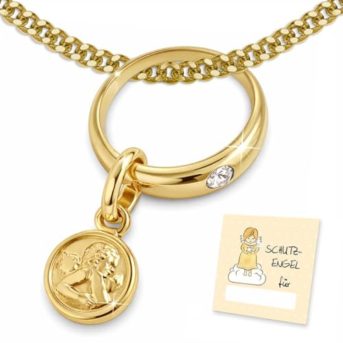 CLEVER SCHMUCK Taufkette Gold Schutzengel rund Zirkonia weiß + Panzerkette 36 cm 925 STERLING vergoldet Taufgeschenk im Etui