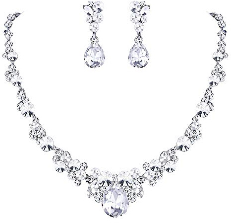EVER FAITH Rhinestone Crystal Bridal Floral Teardrop Necklace Earrings Set Clear Silver-Tone