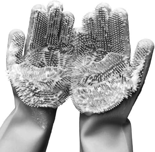 Forliver Silicone Dish Washing Cleaning Sponge Gloves, Dog Care, Silicone Reusable Rubber Brush Scrubber Gloves for Pet Grooming Bathing, Car Washing. 1 Pair (13.6 Large)