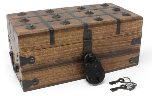 Nautical Cove Treasure Chest Wooden Box with Antique Iron Lock and Skeleton Key (Medium 12.5x6x5.5) - Storage and Decor – Pirate Chest, Decorative Storage Chest with Hinged Lid, Wood Treasure Box