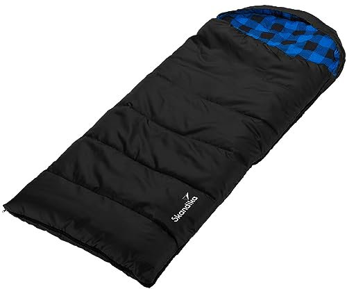 Skandika Dundee Junior Kinderschlafsack | Outdoor Camping Schlafsack für Kinder, Flanell-Innenfutter aus Baumwolle, kuschelig weich, wasserabweisend, Komfortbereich von 13 bis 3°C, 160x62cm (schwarz)