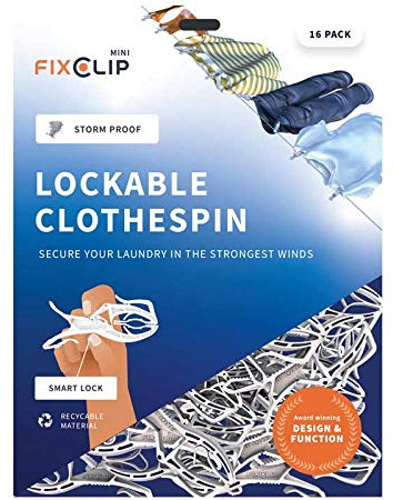FIXCLIP MINI sturmfeste Wäscheklammern 16 Stück – 2-in-1 Wäscheklammer mit Haken – bis zu 15 kg Haltekraft – für Wäscheleine, Balkon, Garten, Camping – UV-beständig
