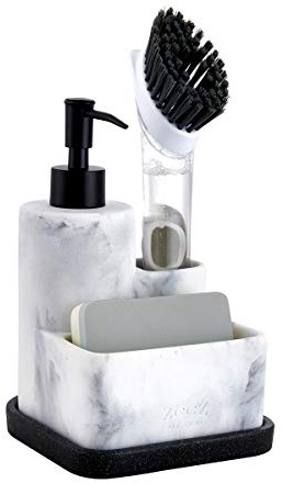 ZCCZ Seifenspender mit Schwammhalter, Seifenspender Pumpe, Schwammablage und Bürstenhalter, 3-in-1-Set, Organizer für Spüle, herausnehmbares Tablett, Marmor-Optik Marmoroptik