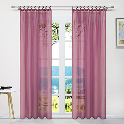 ESLIR Gardinen mit Kräuselband Vorhänge Fensterschal Transparent Schlaufenschal Voile Schal Uni Beere BxH 145x245cm 1 Stück