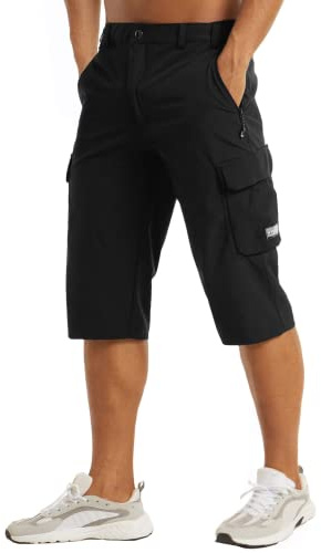 MAGCOMSEN Cargo Trouser Men Long Shorts Quick Dry 3/4 Length Pants Knee Length 3 Quarter Shorts Black, 32