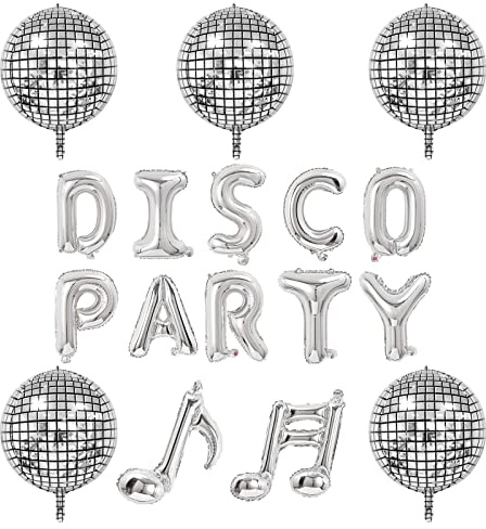 AOT 17 Pcs Disco Foil Balloons, Silver Disco Ball Balloons with Disco Party Balloons Banner, 22 inch Mirror Metallic Balloons Disco Dance Party Supplies for Birthday Party Wedding