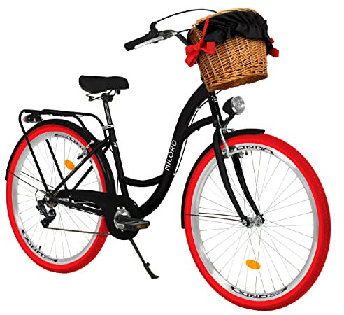 Milord Komfort Fahrrad mit Weidenkorb, Hollandrad, Damenfahrrad, Citybike, Vintage, 28 Zoll, Schwarz-Rot, 7-Gang