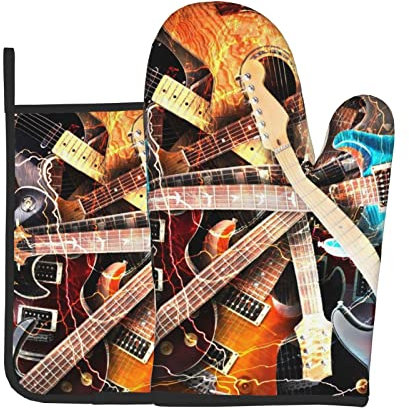 Hitzebeständige Ofenhandschuhe und Topflappen, 2er-Set, Magic E-Gitarre, Musik bedruckt, rutschfest, wasserdicht, zum Backen, Kochen, Grillen